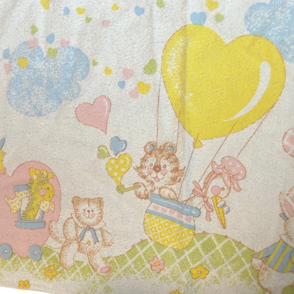 Vintage Pastel Baby Blanket Animals Hot Air Balloon Hearts Nursery Print White